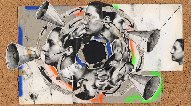Circle of shouting faces surrounded by megaphones in a chaotic collage