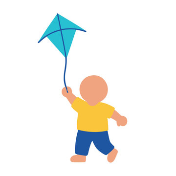 Child in yellow shirt and blue pants holding a blue kite on a string