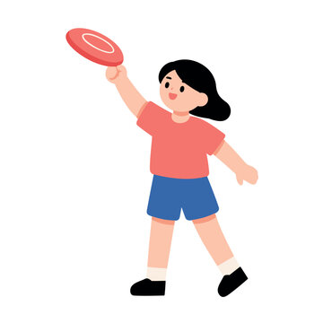 Cartoon girl in a red shirt and blue shorts throws a red frisbee