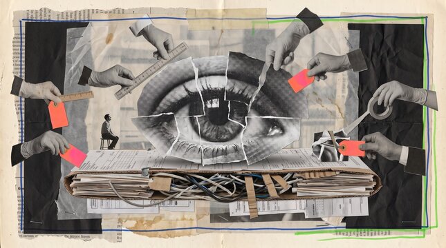 Giant eye on a stack of documents surrounded by hands attaching tags