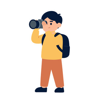 Cartoon boy holding a camera and wearing a backpack