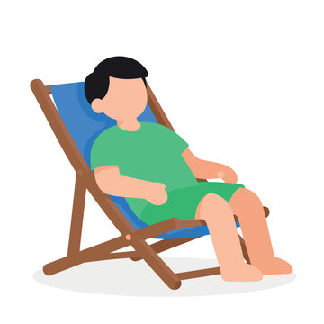 Man relaxing on a blue beach chair in green t-shirt and shorts