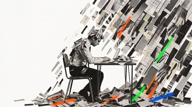 Man working at a desk beneath a cascading wall of falling paperwork
