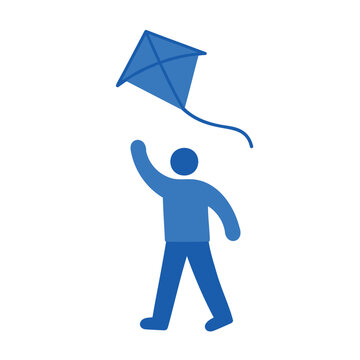 Person flying a blue kite with a long tail on a white background