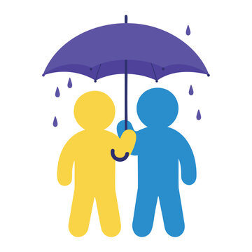 Two people sharing an umbrella under purple raindrops