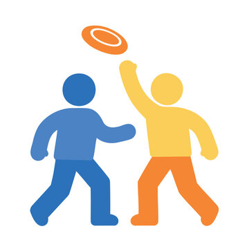 Two people playing frisbee in a flat design style