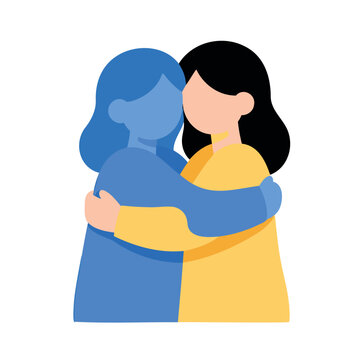 Two women embracing each other warmly in a hug with their faces hidden
