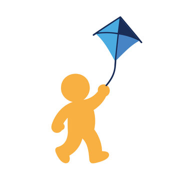 Stylized orange figure walking and flying a blue kite on a white background