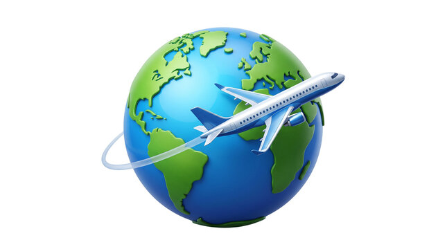 Airplane flying around green and blue earth globe 3d rendering icon on transparent background representing global travel international flight routes tourism.