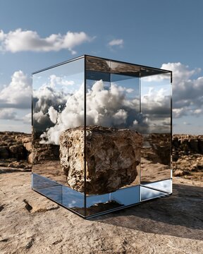 Surreal glass cube reflects fluffy clouds and rock in desert landscape