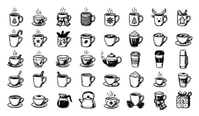 Fototapeta premium Hand drawn winter coffee mug sketch illustration set with hot chocolate, tea cup, teapot, thermos, and Christmas decoration symbols in black ink style