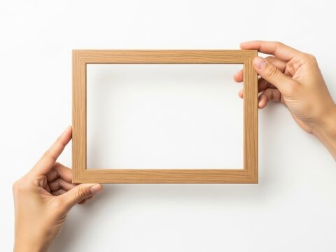 Hands holding empty wooden picture frame
