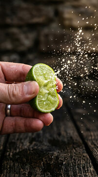 Hand squeezing fresh lime creating refreshing citrus spray for summer drinks and tropical cocktails brazilian tropical summer vacation