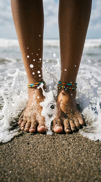 Bare feet with colorful anklets splash in ocean waves on tropical beach during summer vacation brazilian tropical summer vacation