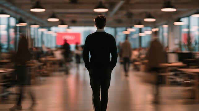 Man walking through modern office interior business environment
