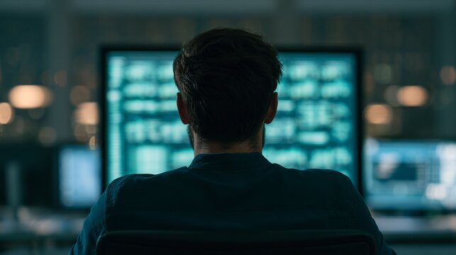 Cybersecurity Analyst Working Late Night Monitoring Data Systems
