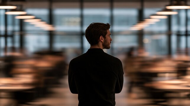 Businessman standing in modern office corridor looking away