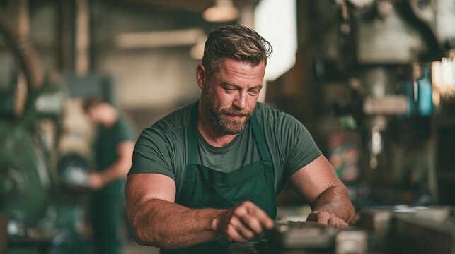Machinist working in a factory workshop with machinery