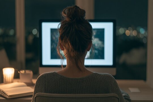 Woman working on computer at desk in home office at night