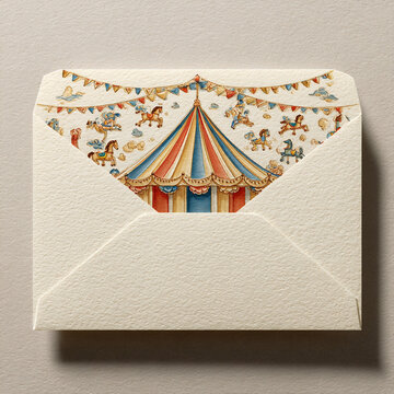 Vintage circus themed envelope with colorful design and intricate details depicting a carousel and festive decorations