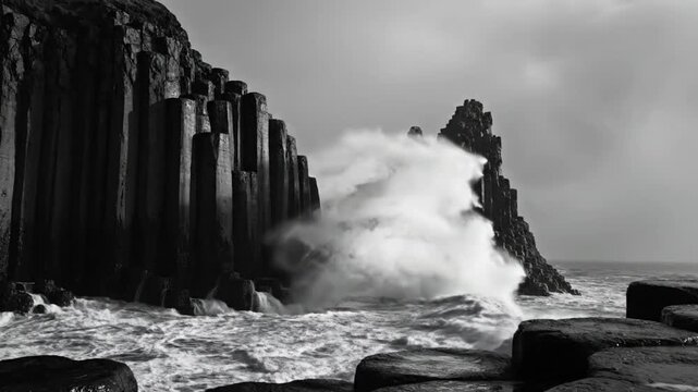 Dramatic monochrome ocean waves crashing against hexagonal basalt columns under a cloudy sky.