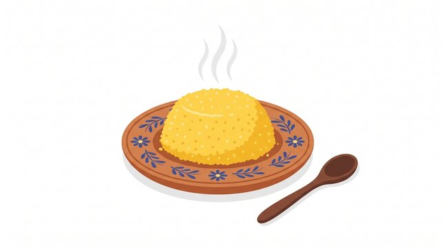Flat vector illustration of a traditional Brazilian yellow cornmeal cuscuz on a decorative clay plate with a wooden spoon