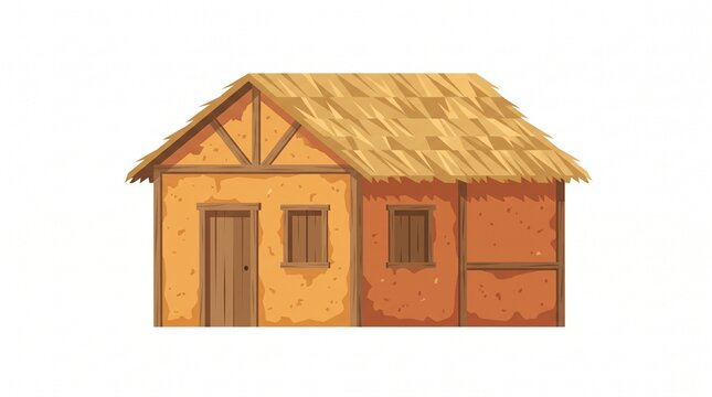 Rustic traditional mud hut illustration with thatched roof and wooden door isolated on white background for design