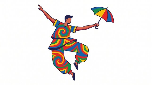 Brazilian Frevo Dancer Character Jumping with Colorful Umbrella Traditional Pernambuco Carnival Culture Flat Vector Illustration on White