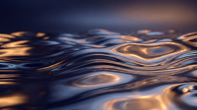 A high-resolution abstract background featuring rippling liquid metal waves with smooth gold and blue lighting, creating a sophisticated and modern aesthetic.