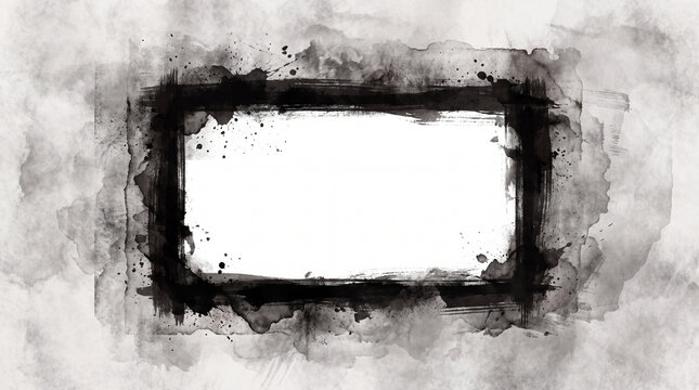 A high-quality artistic frame created with black ink brush strokes and watercolor splashes, featuring a central white copy space on a textured background.