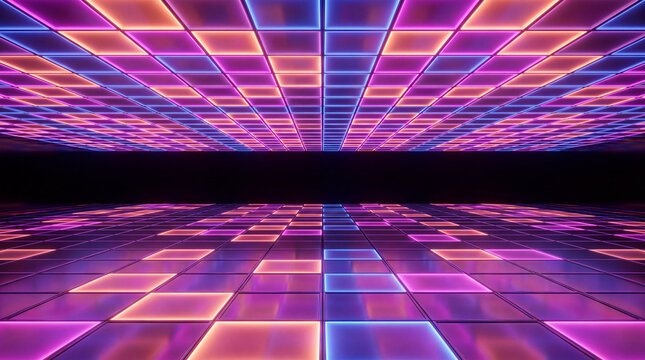 A futuristic 3D abstract tunnel featuring a reflective floor and ceiling with glowing neon pink and blue square tiles in a modern digital background.