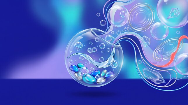 Glass goblet filled with sparkling blue liquid, bubbles and gemstones