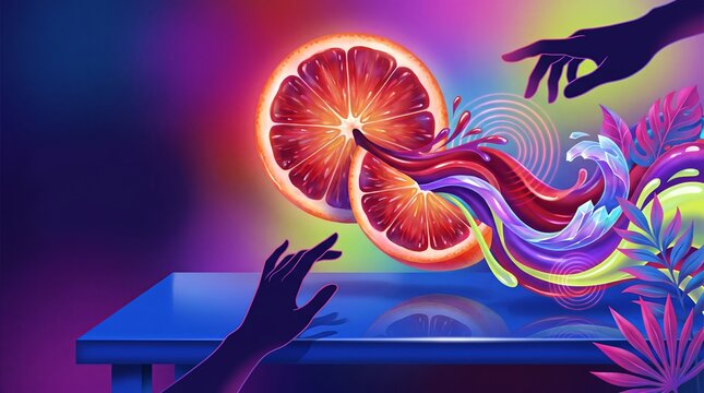 Hand reaching for a blood orange slice swirling with tropical leaves