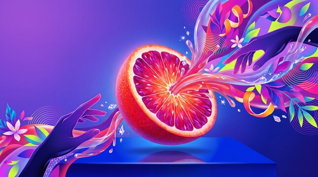 Hand reaching toward a splashing blood orange slice on a blue surface