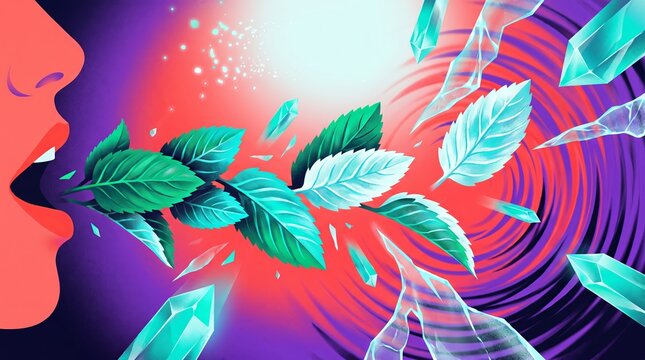 Woman exhaling mint leaves and ice crystals in a fresh flavor concept
