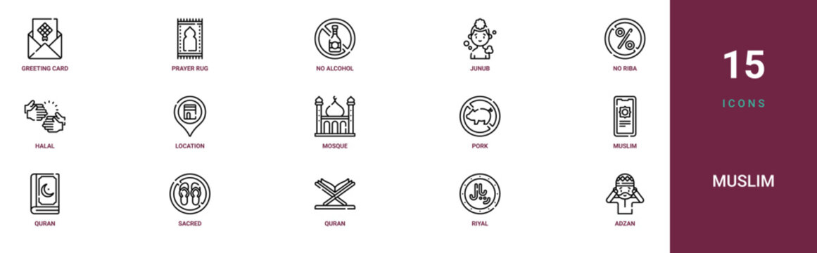 Set of 15 outline web Muslim icons such as adzan, riyal, Quran, sacred, Quran, muslim, pork vector icons for report, presentation, diagram, web design, mobile app