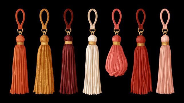 Decorative Tassel Fringe and Fashion Accessory Set with Leather Pendants, Handbag Charms, and Thread Brushes  Clean Isolated Vector Illustration.