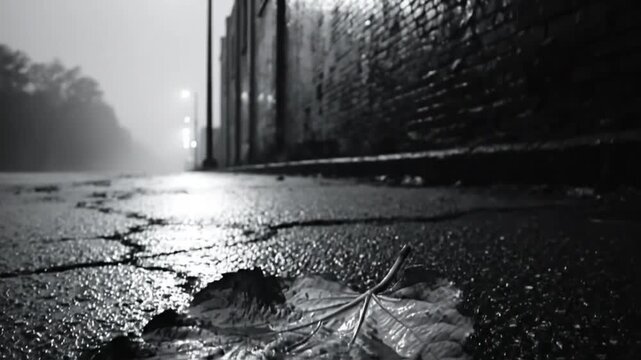 Rainy night alley scene with a single leaf on cracked asphalt and a brick building, atmospheric and moody