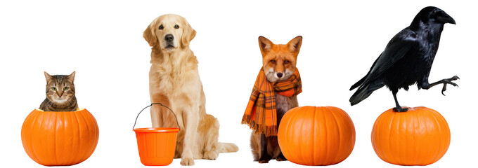 Naklejka premium Group of cute animals with pumpkins for autumn and Halloween celebration on white background