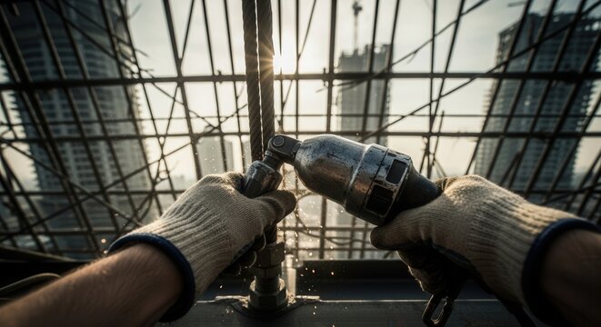Construction Worker Uses Power Tool On Steel Rebar High Above City