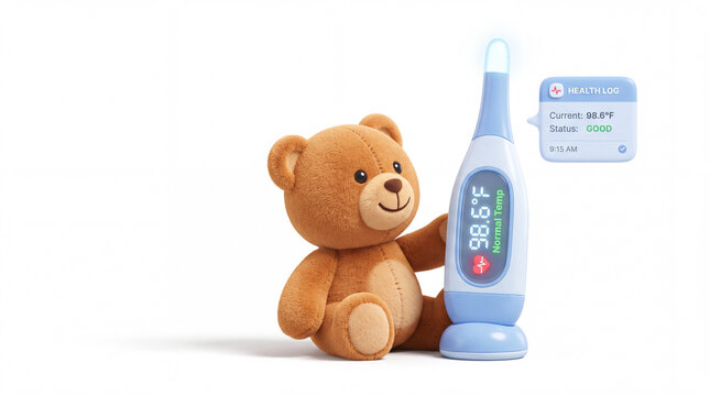Plush teddy bear sitting beside a digital thermometer on white background