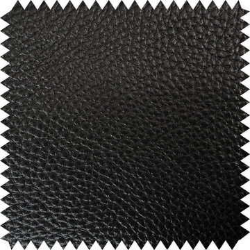 Black Leather Fabric Swatch With Textured Grain, Zigzag Edges, And Metal Rivet For Fashion Material Samples