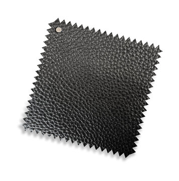 Black Leather Fabric Swatch With Textured Grain, Zigzag Edges, And Metal Rivet For Fashion Material Samples