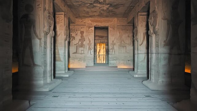 4k footage of Interior view of the famous abu simble temple that is decorated with gods figures and hieroglyphs in aswan in Egypt. 