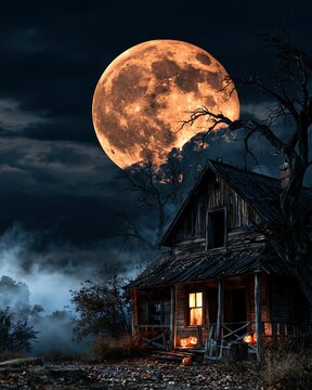 Spooky haunted house with giant full moon glow in dark autumn night view