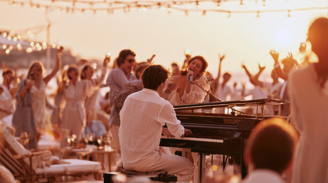 Live music performance on sunny beach venue at sunset with pianist playing grand piano and female singer performing live for cheering happy crowd event