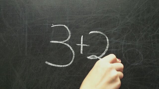 Kid Practicing simple math on chalk board
