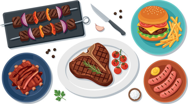 Grilled Meat Dishes Vector Set with T Bone Steak BBQ Ribs Beef Shish Kebab Cheeseburger and Grilled Sausages for Restaurant Menu and Steakhouse Designs