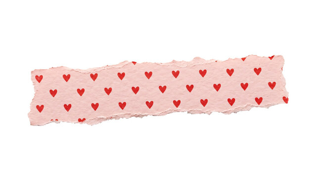 Pink torn paper strip with cute red heart patterns showcasing a rustic textured edge for creative scrapbooking on transparent background