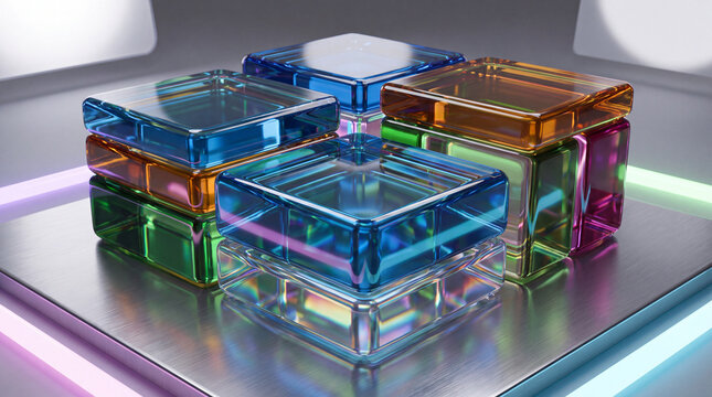 A high-quality 3D render featuring vibrant, translucent glass cubes in blue, orange, green, and pink arranged on a brushed metal surface with neon lighting.